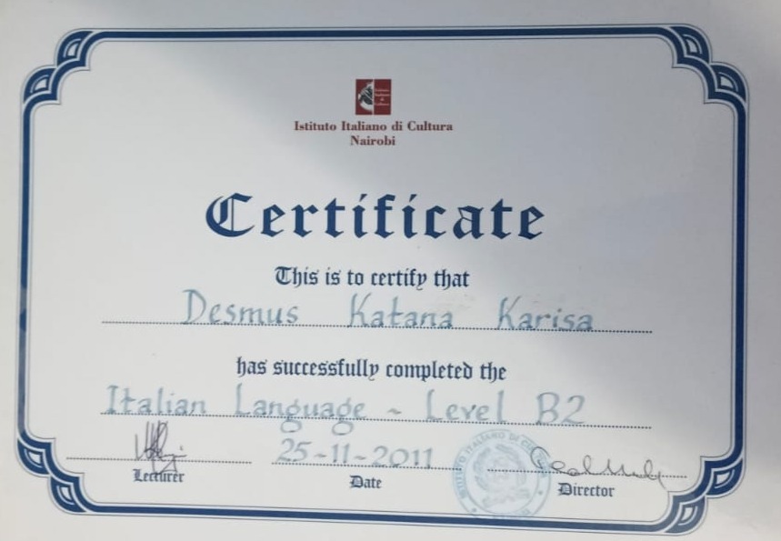 Certificato Istituto Italiano di Cultura Nairobi: lingua italiana livello B2, 2011